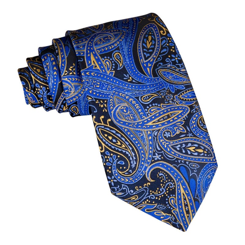 Dubulle Boys Blue Gold Paisley Necktie Self Tie Silk Paisely Kids Tie and Pocket Square Set for Age 8-11 Graduation School Uniform - Image 4